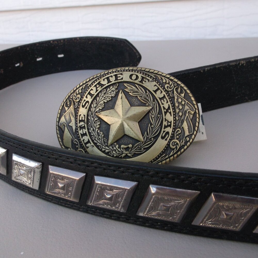 ROPER Textured Black Leather Belt + NWT Antique‑Gold Texas Buckle (Made in USA)